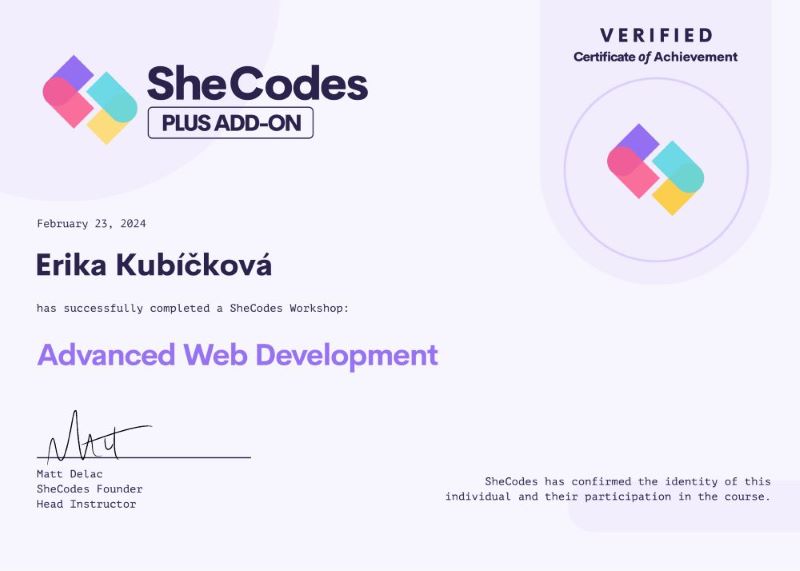 Certificate SheCodes Plus ADD-ON | Erika Kubíčková